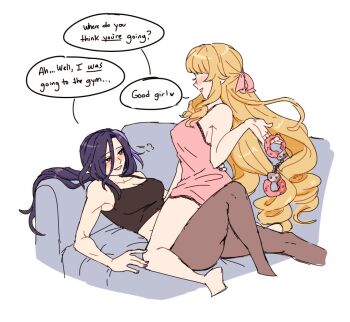 2girls babydoll barefoot black_pantyhose black_tank_top blonde_hair blush breasts cleavage clorinde_(genshin_impact) commentary couch dashingicecream drill_hair english_commentary english_text fuzzy_handcuffs genshin_impact large_breasts long_hair looking_at_another multiple_girls navia_(genshin_impact) on_couch pantyhose parted_lips pink_babydoll purple_eyes purple_hair simple_background smile speech_bubble straddling tank_top white_background yuri