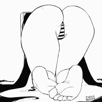 Rule 34 | animated, animated gif, ass, ass focus, ass shake, bikini, bikini bottom only, black hair, feet, floor, from behind, huge ass, jiggle, jigglephysiks, kneeling, long hair, monochrome, panties, striped clothes, striped panties, stuck, stuck in object, sweatdrop, swimsuit, the ring, thighs, twintails, underwear, yamamura sadako