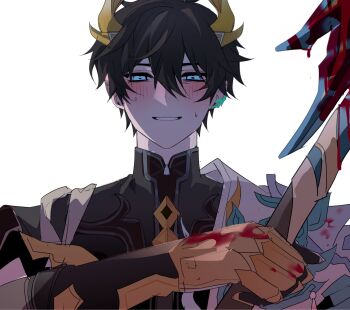 1boy backlighting black_hair black_shirt blood blood_on_hands bloody_weapon blue_eyes blush commentary dan_heng_(honkai:_star_rail) dan_heng_(permansor_terrae)_(honkai:_star_rail) double-parted_bangs dragon_boy dragon_horns earrings gauntlets grin hadanugi_dousa hair_between_eyes hand_up highres holding holding_polearm holding_weapon honkai:_star_rail honkai_(series) horns ichi_(010_ichi) jewelry male_focus mandarin_collar nervous_sweating nose_blush open_kimono polearm portrait shirt short_hair simple_background single_earring smile solo spear straight-on sweat vambraces very_short_hair weapon white_background yandere yellow_horns