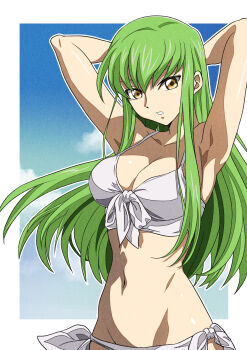 1girl absurdres armpits arms_up bikini blue_sky border breasts c.c. cleavage code_geass green_hair highres large_breasts long_hair looking_at_viewer makoharo navel parted_lips sky solo stomach swimsuit very_long_hair white_bikini white_border yellow_eyes
