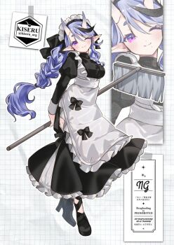 Rule 34 | 1girl, alternate costume, ankle strap, apron, arms behind back, artist name, black bow, black dress, black hair, black shoes, blush, bow, braid, breasts, closed mouth, clothing cutout, commentary request, dot nose, dress, frilled apron, frilled dress, frills, full body, grid background, hair between eyes, head tilt, high heels, hikimayu, hip vent, holding, holding mop, horns, juliet sleeves, kokutan kiseru, leg cutout, long bangs, long dress, long hair, long sleeves, looking at viewer, maid, maid day, maid headdress, medium breasts, mole, mole on thigh, mole under mouth, mop, multicolored hair, nijisanji, one eye closed, paper background, pointy ears, puffy sleeves, purple eyes, purple hair, rindou mikoto, shoes, single braid, skin-covered horns, sleeve cuffs, smile, standing, streaked hair, twitter username, two-tone hair, underbust, variant set, very long hair, virtual youtuber, waist apron, white apron, white background, white headdress, zoom layer