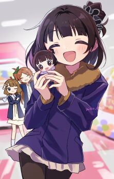 Rule 34 | 3girls, :d, absurdres, artist name, black hair, black pantyhose, blue jacket, blurry, blurry background, brown hair, character doll, chibigurumi, closed eyes, commentary, crossed arms, doll, fur-trimmed jacket, fur trim, grey skirt, highres, holding, holding stuffed toy, idolmaster, idolmaster million live!, jacket, long sleeves, medium hair, miso 0328, multiple girls, nakatani iku, ogami tamaki, one side up, open mouth, pantyhose, skirt, smile, standing, stuffed animal, stuffed toy, suou momoko, untranslatable commentary