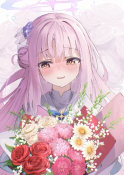 1girl blue_archive blue_bow blue_bowtie blush bouquet bow bowtie capelet commentary_request cross crying dress floral_background flower gradient_background gradient_halo hair_bun hair_ornament halo happy happy_tears highres holding long_hair long_sleeves looking_to_the_side mika_(blue_archive) miyako_0 multicolored_halo open_mouth pink_background pink_hair pink_halo sailor_collar school_uniform shirt single_side_bun smile solo tearing_up tears white_background white_capelet white_dress white_sailor_collar