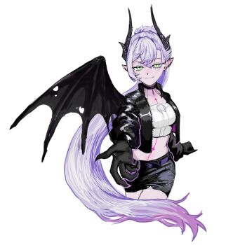 bat_wings breasts collarbone commentary_request demon_horns earrings fate/grand_order fate_(series) gradient_hair green_eyes horns jewelry large_breasts lilith_(fate) lilith_(over_the_same_sky)_(fate) multicolored_hair neck_tattoo outstretched_arm pencil_skirt pink_hair ponytail revision single_earring skirt smirk takenosono49 tattoo white_hair wings