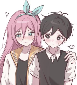 ! 1boy 1girl antenna_hair aubrey_(faraway)_(omori) aubrey_(omori) black_eyes black_hair black_sweater_vest blue_hairband blush bright_pupils closed_mouth collarbone collared_shirt double-parted_bangs flying_sweatdrops grey_background hair_between_eyes hairband hand_on_another&#039;s_shoulder highres jacket long_hair looking_at_another omori shirt short_hair short_sleeves simple_background speech_bubble spoken_exclamation_mark sunny_(omori) sweatdrop sweater_vest white_jacket white_pupils white_shirt wktdms1
