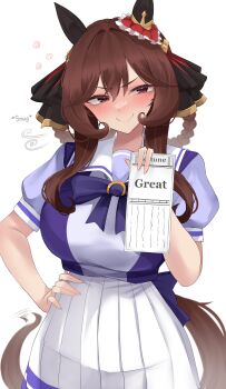 1girl absurdres alt_text animal_ears blush bow bowtie braid braided_hair_rings breasts brown_hair brown_tail closed_mouth ear_ornament gentildonna_(umamusume) hair_intakes hair_ornament hair_rings hand_on_own_hip heart_ear_ornament highres holding holding_paper horse_ears horse_girl horse_tail horseshoe_ornament large_breasts long_hair looking_at_viewer paper pleated_skirt puffy_short_sleeves puffy_sleeves purple_bow purple_bowtie purple_shirt red_eyes sailor_collar sailor_shirt school_uniform shirt short_sleeves sidelocks simple_background skirt smile smug solo tail tracen_school_uniform umamusume v-shaped_eyebrows white_background white_sailor_collar white_skirt xkittyzx