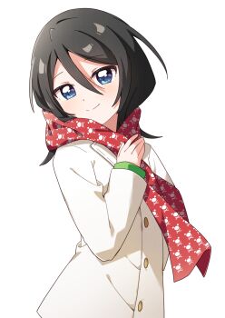 1girl black_hair bleach blue_eyes buttons closed_mouth coat commentary commission double-parted_bangs hair_between_eyes hand_up haru_(konomi_150) highres kuchiki_rukia long_hair long_sleeves looking_at_viewer pixiv_commission red_scarf scarf simple_background smile solo upper_body white_background white_coat