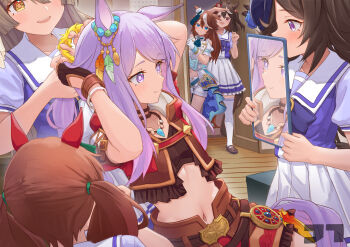 5girls absurdres adjusting_hair ahoge animal_ears black_gloves black_hair brown_eyes brown_hair brown_jacket brown_skirt commentary_request cosplay costume_switch crop_top cropped_jacket ear_ornament fingerless_gloves gloves hat highres holding holding_mirror horse_ears horse_girl horse_tail indoors jacket jewelry jtleeklm kitasan_black_(umamusume) looking_at_mirror mejiro_mcqueen_(end_of_the_skies)_(umamusume) mejiro_mcqueen_(umamusume) mejiro_mcqueen_(umamusume)_(cosplay) midriff mini_hat mini_top_hat mirror multiple_girls navel necklace nice_nature_(umamusume) peeking_out purple_eyes purple_hair purple_shirt red_eyes rice_shower_(umamusume) sailor_collar satono_diamond_(umamusume) school_uniform shirt short_shorts shorts skirt standing stomach tail thighhighs tokai_teio_(beyond_the_horizon)_(umamusume) tokai_teio_(umamusume) tokai_teio_(umamusume)_(cosplay) top_hat tracen_school_uniform twintails two_side_up umamusume white_hat white_sailor_collar white_shorts white_skirt white_thighhighs