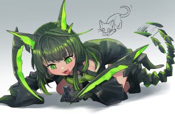 Rule 34 | 1girl, 1other, ambiguous gender, animal ears, arknights, black coat, black hair, black jacket, cat, cat ears, coat, commentary request, doctor (arknights), dress, green dress, green eyes, green hair, highres, hood, hood up, hooded coat, iguana152588, jacket, long sleeves, mon3tr (arknights), multicolored hair, open mouth, saeko (saeko: giantess dating sim), size difference, sleeveless, sleeveless dress, sleeves past fingers, sleeves past wrists, tail, tail wagging, tongue, tongue out
