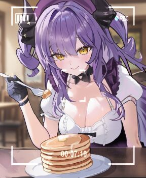 1girl absurdres arm_at_side badogi battery_indicator black_collar black_gloves black_horns blurry blurry_background breasts butter cleavage closed_mouth collar commentary depth_of_field detached_sleeves dragon_girl dragon_horns food fork gloves hair_intakes hand_up highres holding holding_fork horns indoors large_breasts long_hair looking_at_viewer pancake pancake_stack plate purple_hair recording sakihane_huya shirt short_sleeves sleeveless sleeveless_shirt smile solo spaghetti_strap stellive symbol-only_commentary table two_side_up viewfinder virtual_youtuber white_shirt yellow_eyes