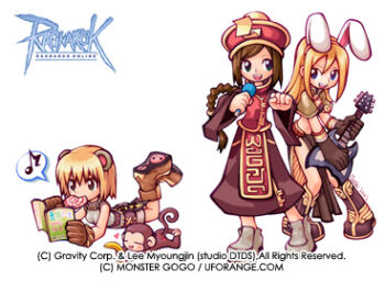 2000s_(style) 3girls animal_ears bad_id banana bear_ears black_eyes blonde_hair blue_eyes boots braid breasts brown_capelet brown_footwear brown_gloves brown_hair brown_shirt brown_shorts brown_skirt candy capelet commentary_request copyright_notice dated_commentary elbow_gloves fake_animal_ears food fruit full_body gloves grey_shirt guitar hat holding holding_guitar holding_instrument holding_microphone instrument jiangshi korean_commentary logo lollipop long_hair long_sleeves looking_at_viewer lowres lying mage_(ragnarok_online) microphone midriff monkey monster_gogo multiple_girls munak novice_(ragnarok_online) official_art on_stomach open_mouth pelvic_curtain playing_guitar playing_instrument poring qingdai_guanmao rabbit_ears ragnarok_online reading red_hat red_vest shirt short_hair shorts showgirl_skirt single_braid skirt sleeveless sleeveless_shirt small_breasts smile sweat swirl_lollipop the_pose vest wide_sleeves yoyo_(ragnarok_online)