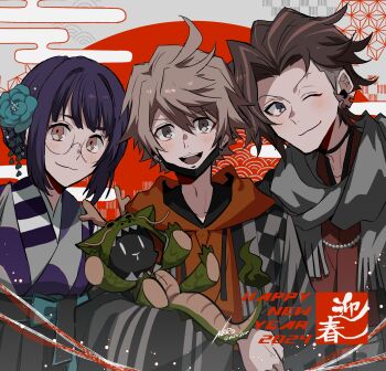 1girl 2boys alternate_hairstyle blonde_hair blue_eyes blush brown_eyes brown_hair eme_(204) eyebrows_hidden_by_hair furesawa_tosai glasses hair_tied_back happy_new_year hoodie japanese_clothes kanade_rindo kimono multicolored_hair multiple_boys new_year nyantan obi one_eye_closed open_mouth orange_hoodie purple_hair round_eyewear sash shin_subarashiki_kono_sekai smile subarashiki_kono_sekai two-tone_hair undercut usui_nagi wink