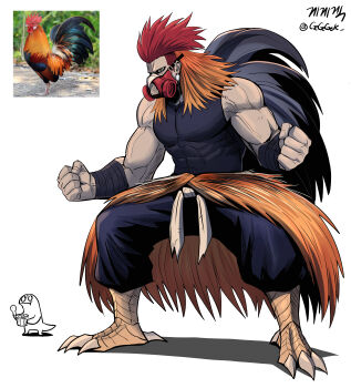 1boy absurdres artist_self-insert bandaged_arm bandages bird chicken clawed_boots clenched_hand covered_abs creature_and_personification earrings eating gas_mask gegegekman highres jewelry long_hair male_focus mask multicolored_hair muscular muscular_male orange_hair original personification photo_inset red_hair reference_inset rooster sash shirt signature sleeveless sleeveless_shirt standing tight_clothes yellow_eyes