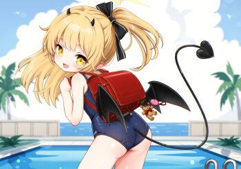 1girl absurdres ass backpack bag black_horns black_tail black_wings blonde_hair blue_archive commentary comodox crime_prevention_buzzer demon_horns demon_tail demon_wings english_commentary halo highres horns huge_filesize ibuki_(blue_archive) loli long_hair looking_at_viewer one-piece_swimsuit open_mouth pointy_ears pool randoseru school_swimsuit smile solo swimsuit tail wings yellow_eyes yellow_halo