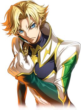 1boy blonde_hair blue_eyes bodysuit code_geass code_geass:_lost_stories f4samurai game_cg gino_weinberg gloves glowing glowing_eyes looking_at_viewer male_focus mecha official_art robot short_hair simple_background solo transparent_background tristan_divider white_gloves