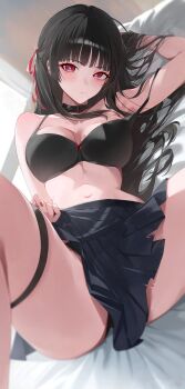 1girl absurdres alternate_breast_size_(larger) arm_up bare_shoulders black_bra black_choker black_hair black_panties black_skirt blush bra breasts chisa_(wuthering_waves) choker cleavage closed_mouth commentary english_commentary hair_ribbon highres large_breasts long_hair looking_at_viewer lying mole mole_under_eye navel no_shirt on_bed on_side paid_reward_available panties panty_peek red_eyes red_ribbon ribbon skirt solo stomach strap_slip thigh_strap thighs underwear wuthering_waves yonesdraws
