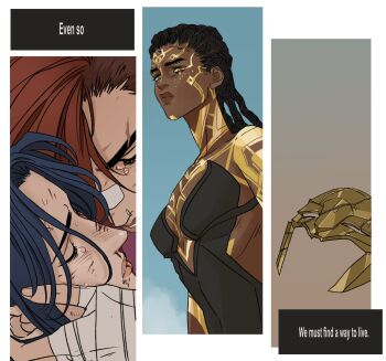 3girls arcane:_league_of_legends arcane_caitlyn arcane_vi armor bandage_on_face bandages blue_hair breasts brown_hair caitlyn_(league_of_legends) cleavage close-up closed_eyes closed_mouth clothing_cutout colored_veins commentary couple dark-skinned_female dark_skin dialogue_box dreadlocks english_commentary english_text female_pov formal_clothes from_side glitter glitter_makeup gold_armor gold_tattoo highres injury league_of_legends leaning_forward long_hair marceline2174 mask medium_breasts mel_(league_of_legends) multiple_girls outdoors parted_lips pov red_hair shade shoulder_plates sideboob standing suit very_dark_skin vi_(league_of_legends) yuri