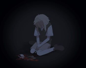 1boy absurdres antenna_hair basil_(faraway)_(omori) basil_(omori) blonde_hair brown_shoes brown_shorts collared_shirt flower green_sweater_vest highres male_focus mqd0rl omori shirt shoes short_hair short_sleeves shorts sidelocks sitting socks solo sweater_vest tulip wariza white_flower white_shirt white_socks white_tulip