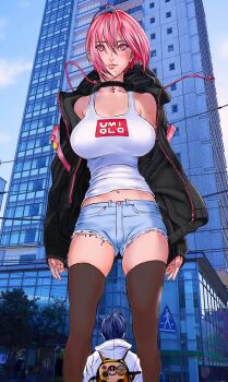 1girl backpack bag black_choker black_jacket black_thighhighs blue_hair brand_name_imitation breasts building choker city collarbone cross cross_ornament denim denim_shorts feet_out_of_frame from_behind giant giantess gigant_(series) hair_between_eyes highres hood hood_down hooded_jacket hoodie jacket lace lace_choker large_breasts latin_cross lips live_action long_sleeves looking_at_viewer mole mole_on_breast mole_under_eye mole_under_mouth narrow_waist navel official_art oku_hiroya open_clothes open_jacket papico_(gigant) pink_eyes pink_hair pink_lips short_hair shorts sidelocks skyscraper solo standing tank_top thighhighs tree uniqlo upper_body white_hoodie white_tank_top yokoyamada_rei_(gigant)