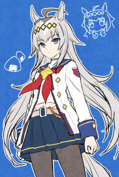 1girl ahoge animal_ears belt black_pantyhose blue_eyes blue_sailor_collar blue_skirt chibi chibi_inset closed_mouth cowboy_shot double_v ear_ornament food grey_belt grey_hair hair_ornament hashtag-only_commentary head_tilt horse_ears horse_girl jacket long_hair long_sleeves looking_at_viewer mauve midriff multiple_views navel neckerchief oguri_cap_(starlight_beat)_(umamusume) oguri_cap_(umamusume) onigiri pantyhose pleated_skirt red_neckerchief sailor_collar skirt umamusume v very_long_hair white_jacket