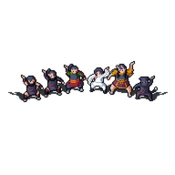 1boy 5girls arm_guards arm_up armor benichidori black_hair black_hat black_pants cat_tail commentary dungeon_meshi english_commentary hair_over_shoulder hat hien horns inutade izutsumi japanese_armor japanese_clothes kimono kusazuri lineup long_hair long_sleeves low_twintails maizuru mature_female mohammed_bali multiple_girls ninja oni pants pixel_art ponytail short_kimono shoulder_armor shurou simple_background sode squatting tail twintails white_background white_pants