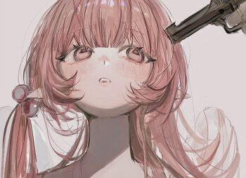 1girl aiming blush gun holding holding_gun holding_weapon open_mouth original pink_eyes pink_hair pointy_ears simple_background solo sushineko8 twintails weapon white_background