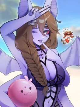 Rule 34 | animal ears, arthropod girl, bat ears, braid, brown hair, carol (lilum), colored sclera, colored skin, dante will, dante will (spider), dante will (summer 2025), demon tail, dress, extra arms, extra eyes, fingernails, french braided ponytail, hat, highres, insect girl, long hair, monster girl, namarixyz, neobaka, orange eyes, portuguese text, purple skin, red hair, sharp fingernails, sleeveless, sleeveless dress, smile, sombra (dante will), spider girl, straw hat, sun hat, swimsuit, tail, wings