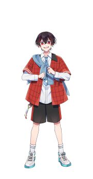 Rule 34 | 1boy, absurdres, artist request, black shorts, blue necktie, brown hair, collared shirt, colorful peach, crossed bangs, diagonal-striped clothes, diagonal-striped necktie, full body, hair between eyes, highres, layered sleeves, long sleeves, looking at viewer, male focus, multicolored hair, necktie, official art, open clothes, open mouth, open shirt, red eyes, red hair, red shirt, shirt, shoes, short hair, short over long sleeves, short sleeves, shorts, simple background, smile, sneakers, solo, standing, streaked hair, striped clothes, striped necktie, transparent background, white shirt, yuankun (colorful peach)