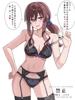 Rule 34 | 1girl, black bra, black panties, black thighhighs, bra, breasts, brown eyes, brown hair, cowboy shot, garter belt, highres, large breasts, long hair, noel (tsukihime), panties, simple background, solo, speech bubble, thighhighs, tsukihime, underwear, watermark, weilaizuigao703, white background