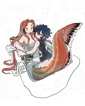 2girls :o artist_name bathtub black_wetsuit blush brown_hair commentary_request completely_nude convenient_hair dot_nose english_text flat_chest highres holding holding_shower_head long_hair long_sidelocks medium_hair mermaid monster_girl multicolored_hair multiple_girls nude on_person orange_tail original partially_submerged shower_head sidelocks signature smile tamoike_(tamepond) thick_eyebrows two-tone_hair two-tone_tail watermark yellow_eyes yellow_tail