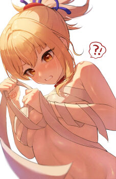 !? 1girl ? absurdres artist_name bandages blush breasts chest_sarashi choker cleavage commentary_request fan_request genshin_impact hair_ornament highres looking_at_viewer naked_bandage netarou_(netarou_25) orange_eyes orange_hair red_choker sarashi speech_bubble spoken_interrobang struggling teeth upper_body white_background yoimiya_(genshin_impact)