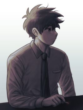 1boy absurdres alternate_costume antenna_hair breast_pocket cigarette closed_mouth collared_shirt commentary dark-skinned_male dark_skin ear_piercing english_commentary greyscale hero_(faraway)_(omori) hero_(omori) highres holding holding_cigarette long_sleeves male_focus monochrome necktie omori piercing pocket setosexual shirt short_hair simple_background solo upper_body