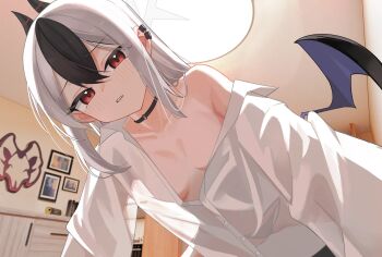 1girl black_choker black_hair black_horns blue_archive breasts ceiling ceiling_light choker collarbone commentary_request demon_horns demon_wings dress_shirt earclip from_below grey_halo hair_between_eyes halo heart_in_eyelashes highres horns indoors kayoko_(blue_archive) long_hair looking_at_viewer mole mole_on_collarbone multicolored_hair no_bra oversized_clothes oversized_shirt parted_lips partially_open_shirt red_eyes ryoya shirt shirt_partially_removed single_bare_shoulder single_off_shoulder single_wing small_breasts solo two-tone_hair white_hair white_shirt wings