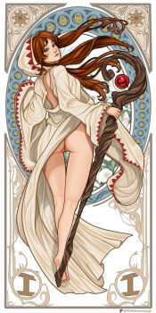 1girl absurdres amanoashuga art_nouveau ass bare_legs barefoot brown_hair censored commentary english_commentary final_fantasy final_fantasy_i green_eyes highres holding holding_staff hooded_robe looking_back mage_staff mosaic_censoring no_panties pussy robe solo staff thigh_gap toes white_mage_(final_fantasy) wide_sleeves