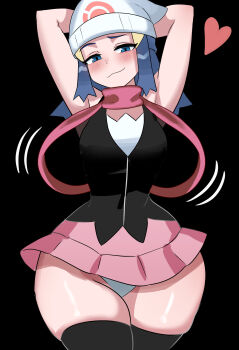 1girl absurdres arms_up black_background black_shirt black_thighhighs blue_eyes blue_hair blush closed_mouth cowboy_shot dawn_(pokemon) hat heart highres long_hair matching_hair/eyes miniskirt nintendo panties pink_skirt pokemon pokemon_dppt scarf shirt simple_background skindentation skirt smile smug solo standing thick_thighs thighhighs thighs underwear white_hat white_panties ytrall