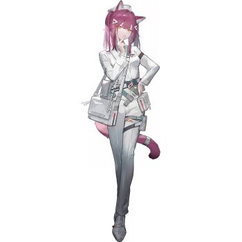 1girl animal_ears arknights belt belt_pouch cat_ears cat_girl cat_tail closed_mouth full_body hat jacket long_hair long_sleeves looking_at_viewer official_art pants percival_(arknights) pink_hair pouch shirt shoes simple_background solo standing tachi-e tail thigh_pouch thigh_strap third-party_source transparent_background twintails v v_over_mouth white_bag white_hat white_jacket white_pants white_shirt white_shoes white_theme yellow_eyes