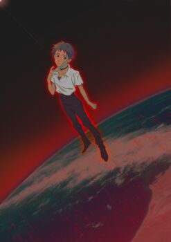 1boy absurdres black_choker black_eyes black_hair black_pants blue_eyes choker collared_shirt commentary_request cross earth_(planet) highres ikari_shinji iodine male_focus neon_genesis_evangelion outline pants shirt short_sleeves solo space white_shirt wing_collar