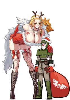 1boy 1girl animal_ear_hairband animal_ears antlers armor astra_militarum bag beard black_boots blonde_hair body_armor boots braid breast_tattoo breasts commentary detached_sleeves dress english_commentary facial_hair fake_animal_ears fishnet_thighhighs fishnets fur-trimmed_dress fur_trim genderswap genderswap_(mtf) green_eyes hairband hand_on_another's_shoulder height_difference helmet highres holding holding_bag horns jewelry large_breasts leman_russ necklace nervous_sweating podobrick primarch red_nose reindeer_antlers santa_costume scar scar_across_eye scar_on_face space_wolves sweat tail tall_female tattoo thighhighs tomboy tooth_necklace warhammer_40k white_beard wolf_tail you_gonna_get_raped