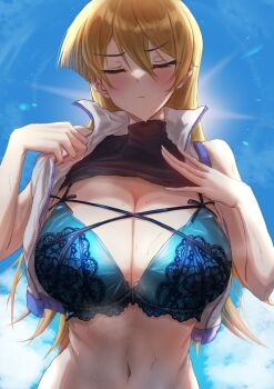 Rule 34 | 1girl, absurdres, bare shoulders, blonde hair, blue bra, bra, breasts, cleavage, closed eyes, clothes lift, collar, commission, highres, large breasts, navel, shirt lift, skeb commission, solo, sweat, sweatdrop, tenjouin asuka, torishu (kumataka 4867), turtleneck, underwear, uniform, upper body, vest, yu-gi-oh!, yu-gi-oh! gx
