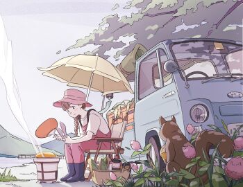 1girl animal boots braid brown_hair chair chinese_commentary commentary cooking day flower folding_chair from_side grey_boots grey_shirt grey_sky hand_fan hat holding holding_fan holding_tongs long_hair looking_at_food morison motor_vehicle on_chair original outdoors overalls paper_fan parasol pink_flower pink_hat pink_overalls shirt short_sleeves single_braid sitting sky solo squirrel t-shirt tongs tree truck umbrella