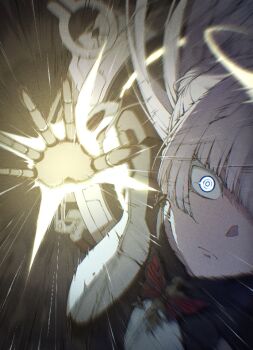 1girl blunt_bangs breasts earrings glowing glowing_eye goddess_of_victory:_nikke hosun incoming_attack jewelry large_breasts looking_at_viewer mole mole_on_breast motion_lines nayuta_(nikke) open_hand white_hair