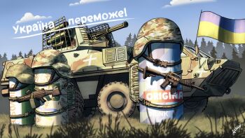 armored_personnel_carrier armored_vehicle artist_name askapy assault_rifle backpack bag beer_can blue_sky btr-4_bucephalus can combat_helmet commentary drink_can energy_drink english_commentary gun helmet holding holding_gun holding_weapon m16 motor_vehicle non_stop_energy original outdoors rifle russo-ukrainian_war sky translation_request ukrainian_flag ukrainian_text vehicle_focus weapon