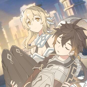 Rule 34 | 1boy, 1girl, antenna hair, bare shoulders, biabiaji02, blonde hair, blurry, blurry background, breasts, brown hair, brown suit, carrying, chinese commentary, cleavage, close-up, closed eyes, closed mouth, commentary request, couple, dress, flower, formal clothes, genshin impact, gradient hair, hair between eyes, hair flower, hair ornament, hetero, highres, light particles, long hair, long sleeves, looking to the side, low ponytail, lumine (genshin impact), medium breasts, multicolored hair, open mouth, outdoors, pants, pillar, ponytail, princess carry, scarf, shade, short hair, suit, sunset, upper body, wavy hair, white dress, white flower, yellow eyes, zhongli (genshin impact)