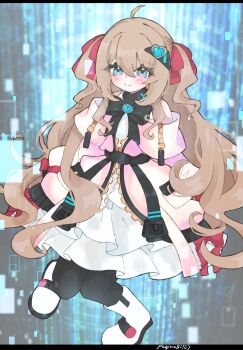 Rule 34 | 1girl, abstract background, ahoge, artist name, belt, black belt, black border, black bow, black bowtie, black pantyhose, blue eyes, blush, boots, border, bow, bowtie, brown hair, buckle, cardigan, closed mouth, curly hair, dress, dress bow, fluffy hair, frilled dress, frills, full body, hair between eyes, hair ornament, hair ribbon, heart, heart hair ornament, highres, knees together feet apart, layered dress, letterboxed, light particles, long hair, long sleeves, looking at viewer, mgmg mgmg, neuro-sama, neuro-sama (cyberpunk princess), off-shoulder dress, off shoulder, official alternate costume, pantyhose, pocket, red ribbon, ribbon, sleeve bow, smile, snap-fit buckle, solo, split mouth, techwear, two side up, vedal ai, very long hair, virtual youtuber, white boots, white dress, zipper, zipper pull tab