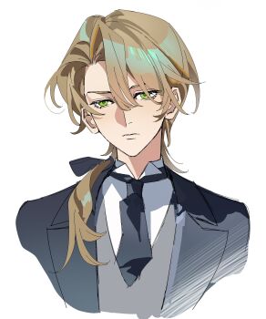 1boy absurdres ascot black_ascot black_jacket brown_hair degrees_of_lewdity green_eyes grey_vest highres jacket long_hair looking_at_viewer lou_xiaotiao ponytail remy_(degrees_of_lewdity) remy_(male)_(degrees_of_lewdity) shirt simple_background solo vest white_background white_shirt