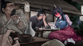 1girl 2boys absurdres animal_ears annoyed aroused bar_(place) beard black_hair black_shirt blue_shirt blush bottle bow breasts chopsticks cum cum_on_body cum_on_hands facial_hair food fox_ears fox_girl fox_tail furrowed_brow hair_between_eyes hair_bun headband highres kitsune korean_clothes large_breasts long_hair long_skirt long_sleeves looking_at_hand m4skedboi mature_male multiple_boys on_floor outdoors pleated_skirt pov red_eyes red_skirt scp-953 scp_foundation shirt single_hair_bun sitting skirt slit_pupils socks squiggle sweatdrop table tail twitter_username used_tissue variant_set white_headband white_shirt white_socks wine_bottle wooden_table