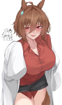 1girl :d absurdres agnes_tachyon_(umamusume) ahoge animal_ears black_shorts blue_archive blush breasts brown_hair buttons chemical_structure chibi chibi_inset coat collared_shirt commentary cosplay cowboy_shot earrings english_commentary hair_between_eyes half-closed_eyes highres horse_ears horse_girl horse_tail huge_ahoge jewelry kasumi_(blue_archive) kasumi_(blue_archive)_(cosplay) lab_coat large_breasts long_sleeves looking_at_viewer off_shoulder open_mouth red_eyes red_shirt shirt shorts simple_background single_earring sleeves_past_fingers sleeves_past_wrists smile solo tail umamusume white_background white_coat xkittyzx