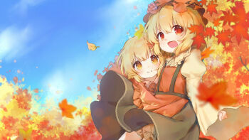 2girls :d aki_minoriko aki_shizuha apron autumn_leaves black_skirt blonde_hair bloomers blue_sky blush cloud commentary falling_leaves foliage grape_hat_ornament hair_ornament hat juliet_sleeves leaf leaf_hair_ornament long_sleeves maple_leaf medium_hair mob_cap multiple_girls open_mouth orange_bloomers puffy_sleeves red_apron red_eyes red_hat red_shirt red_skirt shirt sideways_glance skirt sky smile solo symbol-only_commentary touhou tree underwear wheat_print yellow_eyes yellow_shirt yuanyuanshao