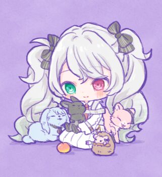 Rule 34 | 1girl, 25-ji miku, akiyama mizuki, animal, animalization, asahina mafuyu, black bow, blush, bow, cat, chibi, chibi only, closed mouth, commentary request, dog, dress, fork, full body, green eyes, grey hair, hair bow, hatsune miku, hedgehog, heterochromia, holding, holding animal, long hair, long sleeves, necktie, oyasumirakko, project sekai, purple background, rabbit, red eyes, red necktie, shinonome ena, simple background, sitting, smile, striped bow, twintails, vocaloid, white dress, yoisaki kanade
