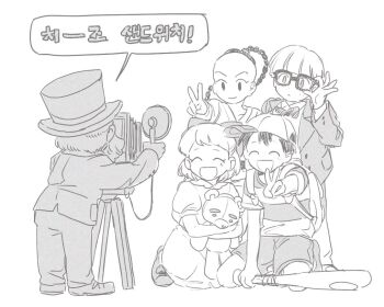 Rule 34 | 1girl, 4boys, bac0n pancakes, bad id, bad pixiv id, baseball bat, camera, closed eyes, closed mouth, commentary request, dress, freckles, glasses, greyscale, hat, holding, holding baseball bat, jeff andonuts, korean text, looking at another, monochrome, mother (series), mother 2, multiple boys, ness (mother 2), nintendo, open mouth, paula (mother 2), photo-man (mother), poo (mother 2), short hair, simple background, smile, standing, stuffed animal, stuffed toy, taking picture, teddy bear, top hat, translation request, v, white background